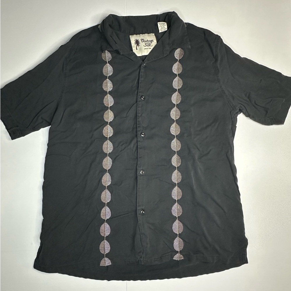 Vintage Silk 100% Silk Dark Grey Embroidered Button Up Shirt Size XL - Picture 1 of 5